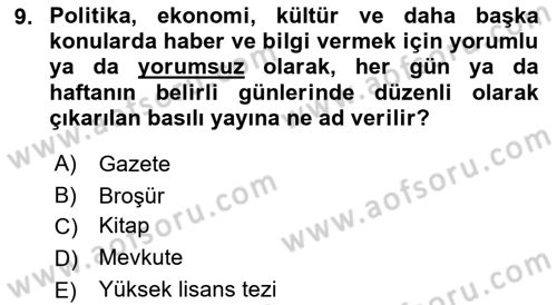 Medya Hukuku Dersi 2022 - 2023 Yılı (Vize) Ara Sınavı 9. Soru