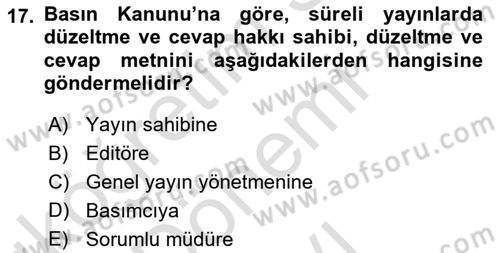 Medya Hukuku Dersi 2022 - 2023 Yılı (Final) Dönem Sonu Sınavı 17. Soru