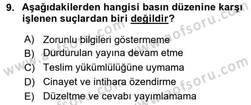 Medya Hukuku Dersi 2022 - 2023 Yılı (Final) Dönem Sonu Sınavı 9. Soru