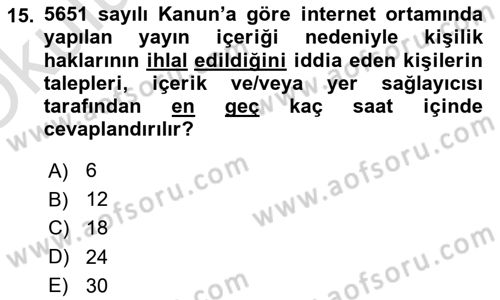 Medya Hukuku Dersi 2022 - 2023 Yılı Yaz Okulu Sınavı 15. Soru