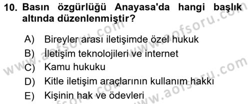 Medya Hukuku Dersi 2023 - 2024 Yılı (Vize) Ara Sınavı 10. Soru