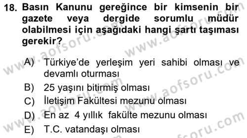 Medya Hukuku Dersi 2023 - 2024 Yılı (Vize) Ara Sınavı 18. Soru