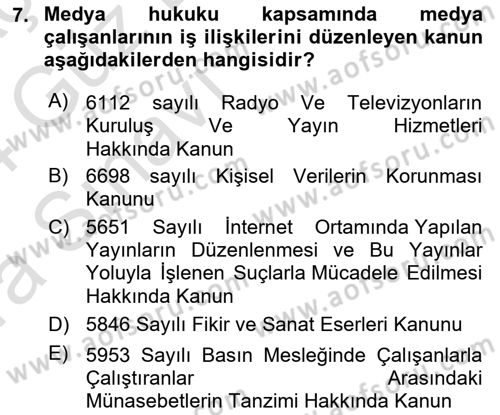 Medya Hukuku Dersi 2023 - 2024 Yılı (Vize) Ara Sınavı 7. Soru