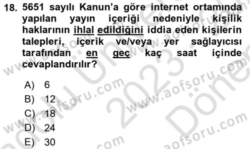 Medya Hukuku Dersi 2023 - 2024 Yılı (Final) Dönem Sonu Sınavı 18. Soru