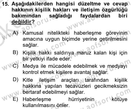 Medya Hukuku Dersi 2023 - 2024 Yılı Yaz Okulu Sınavı 15. Soru