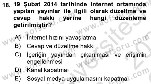 Medya Hukuku Dersi 2023 - 2024 Yılı Yaz Okulu Sınavı 18. Soru