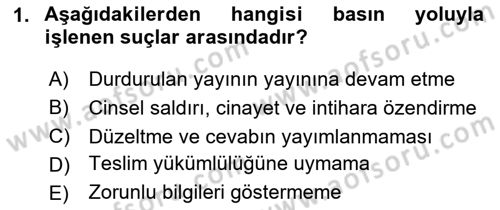 Medya Hukuku Dersi 2024 - 2025 Yılı (Final) Dönem Sonu Sınav Soruları 1. Soru