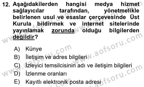Medya Hukuku Dersi 2024 - 2025 Yılı (Final) Dönem Sonu Sınav Soruları 12. Soru