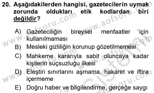 Medya Hukuku Dersi 2024 - 2025 Yılı Yaz Okulu Sınav Soruları 20. Soru