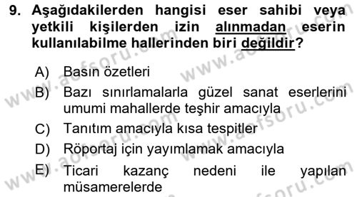 Medya Hukuku Dersi 2024 - 2025 Yılı Yaz Okulu Sınav Soruları 9. Soru
