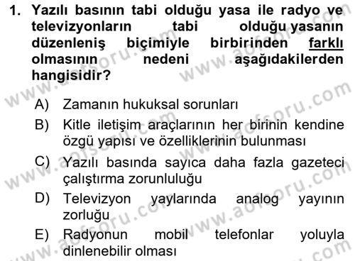 Medya Hukuku Dersi 2025 - 2026 Yılı (Final) Dönem Sonu Sınav Soruları 1. Soru