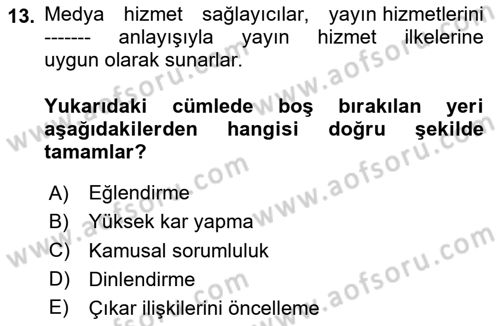 Medya Hukuku Dersi 2025 - 2026 Yılı (Final) Dönem Sonu Sınav Soruları 13. Soru