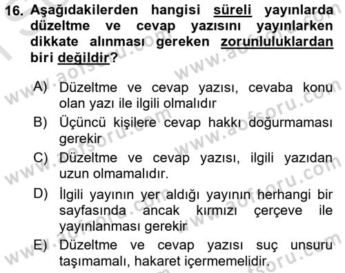 Medya Hukuku Dersi 2025 - 2026 Yılı (Final) Dönem Sonu Sınav Soruları 16. Soru