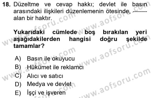 Medya Hukuku Dersi 2025 - 2026 Yılı (Final) Dönem Sonu Sınav Soruları 18. Soru