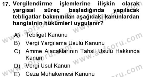 Vergi Usul Hukuku Dersi 2015 - 2016 Yılı (Vize) Ara Sınav Soruları 17. Soru