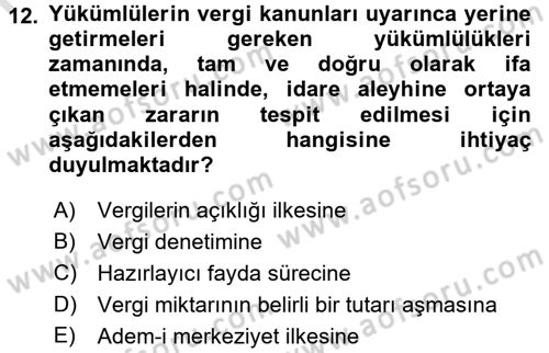 Vergi Usul Hukuku Dersi 2015 - 2016 Yılı (Final) Dönem Sonu Sınav Soruları 12. Soru