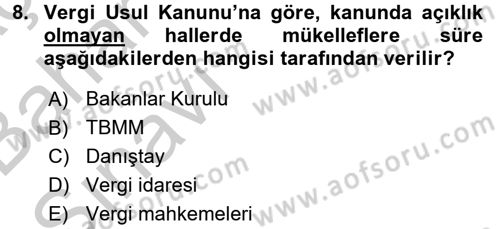 Vergi Usul Hukuku Dersi 2016 - 2017 Yılı (Vize) Ara Sınav Soruları 8. Soru