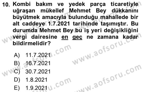 Vergi Usul Hukuku Dersi 2020 - 2021 Yılı Yaz Okulu Sınav Soruları 10. Soru