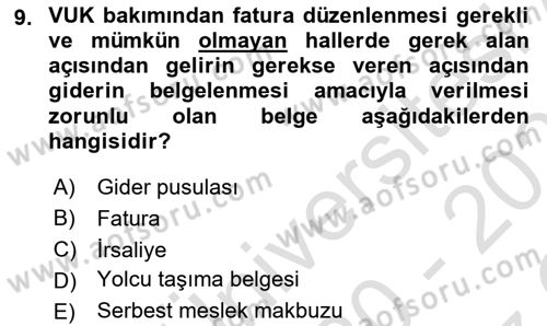 Vergi Usul Hukuku Dersi 2020 - 2021 Yılı Yaz Okulu Sınav Soruları 9. Soru