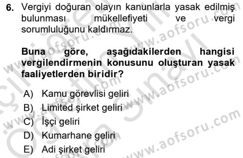 Vergi Usul Hukuku Dersi 2021 - 2022 Yılı (Vize) Ara Sınav Soruları 6. Soru