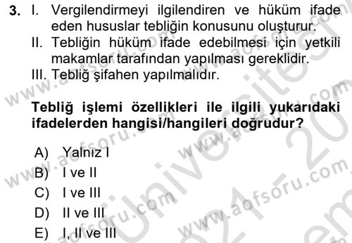 Vergi Usul Hukuku Dersi 2021 - 2022 Yılı (Final) Dönem Sonu Sınav Soruları 3. Soru
