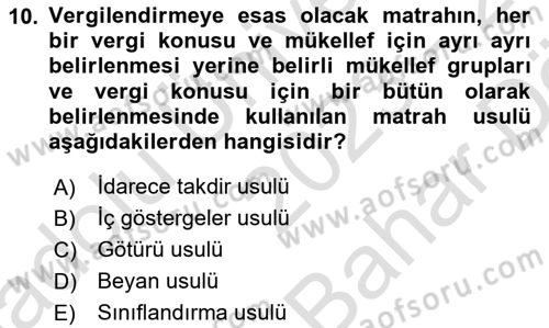 Vergi Usul Hukuku Dersi 2023 - 2024 Yılı (Vize) Ara Sınav Soruları 10. Soru