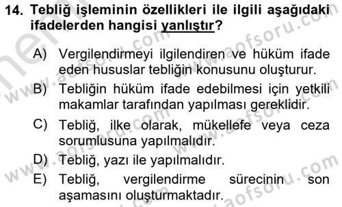 Vergi Usul Hukuku Dersi 2023 - 2024 Yılı (Vize) Ara Sınav Soruları 14. Soru