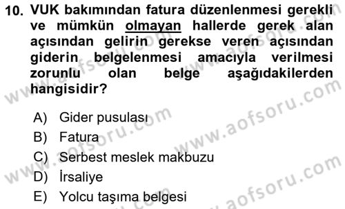 Vergi Usul Hukuku Dersi 2023 - 2024 Yılı Yaz Okulu Sınav Soruları 10. Soru