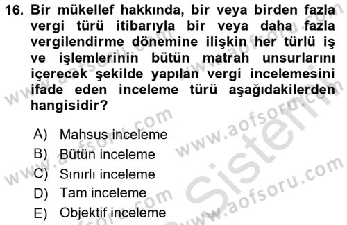 Vergi Usul Hukuku Dersi 2023 - 2024 Yılı Yaz Okulu Sınav Soruları 16. Soru
