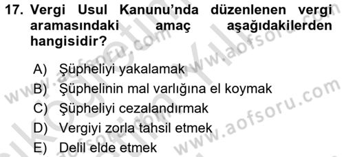 Vergi Usul Hukuku Dersi 2023 - 2024 Yılı Yaz Okulu Sınav Soruları 17. Soru