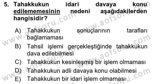 Vergi Usul Hukuku Dersi 2023 - 2024 Yılı Yaz Okulu Sınav Soruları 5. Soru