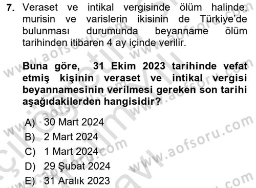Vergi Usul Hukuku Dersi 2023 - 2024 Yılı Yaz Okulu Sınav Soruları 7. Soru