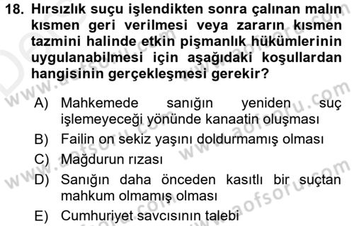 Ceza Hukukuna Giriş Dersi 2017 - 2018 Yılı 3 Ders Sınav Soruları 18. Soru