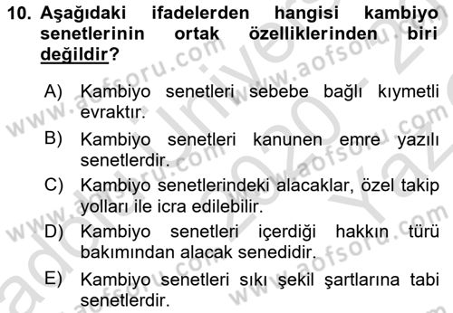 Ticaret Hukukuna Giriş Dersi 2020 - 2021 Yılı Yaz Okulu Sınav Soruları 10. Soru