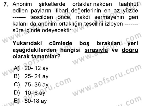 Ticaret Hukukuna Giriş Dersi 2020 - 2021 Yılı Yaz Okulu Sınav Soruları 7. Soru