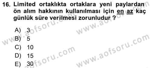 Ticaret Hukukuna Giriş Dersi 2021 - 2022 Yılı Yaz Okulu Sınavı 16. Soru