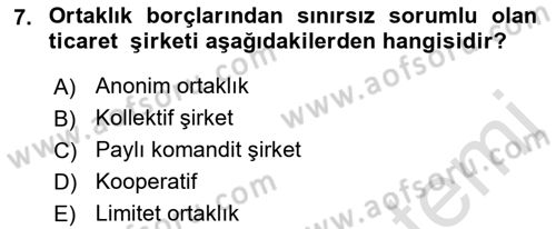 Ticaret Hukukuna Giriş Dersi 2021 - 2022 Yılı Yaz Okulu Sınavı 7. Soru