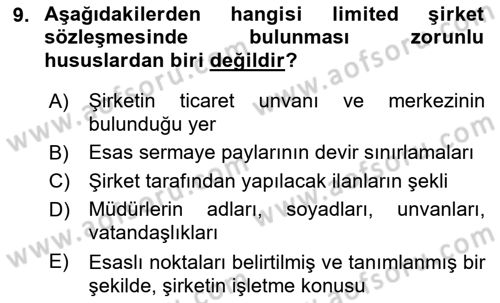 Ticaret Hukukuna Giriş Dersi 2022 - 2023 Yılı Yaz Okulu Sınav Soruları 9. Soru
