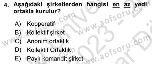 Ticaret Hukukuna Giriş Dersi 2023 - 2024 Yılı (Vize) Ara Sınav Soruları 4. Soru