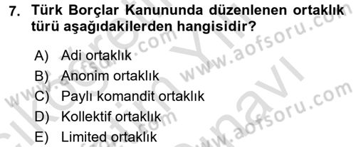 Ticaret Hukukuna Giriş Dersi 2023 - 2024 Yılı (Vize) Ara Sınav Soruları 7. Soru