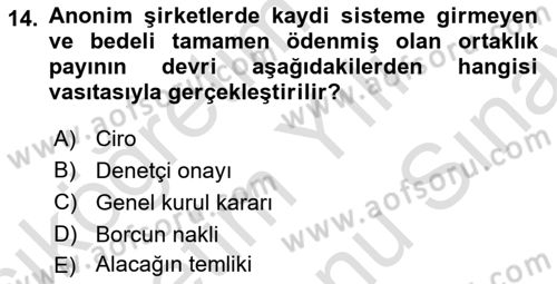 Ticaret Hukukuna Giriş Dersi 2023 - 2024 Yılı (Final) Dönem Sonu Sınavı 14. Soru