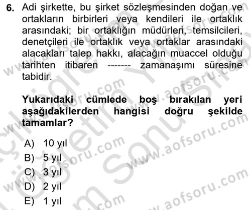 Ticaret Hukukuna Giriş Dersi 2023 - 2024 Yılı (Final) Dönem Sonu Sınavı 6. Soru