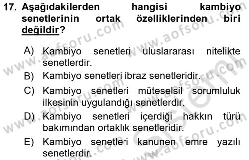 Ticaret Hukukuna Giriş Dersi 2023 - 2024 Yılı Yaz Okulu Sınav Soruları 17. Soru