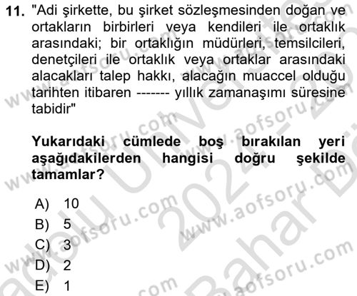 Ticaret Hukukuna Giriş Dersi 2024 - 2025 Yılı (Vize) Ara Sınav Soruları 11. Soru