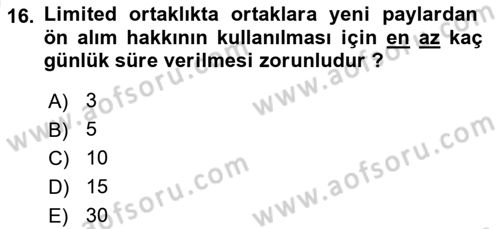 Ticaret Hukukuna Giriş Dersi 2024 - 2025 Yılı (Vize) Ara Sınav Soruları 16. Soru