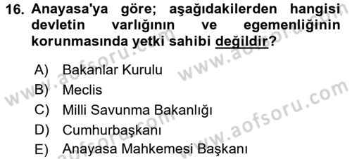 Özel Güvenlik Hukuku 1 Dersi Ara Sınavı Deneme Sınav Soruları 16. Soru
