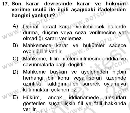 Ceza Yargılama Hukuku Dersi 2020 - 2021 Yılı Yaz Okulu Sınav Soruları 17. Soru