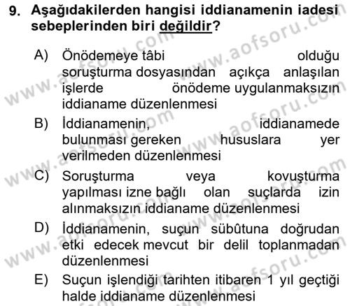 Ceza Yargılama Hukuku Dersi 2022 - 2023 Yılı Yaz Okulu Sınavı 9. Soru