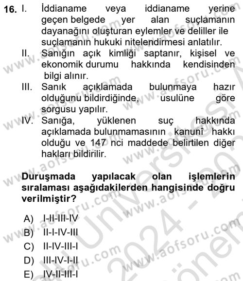 Ceza Yargılama Hukuku Dersi 2024 - 2025 Yılı (Final) Dönem Sonu Sınav Soruları 16. Soru