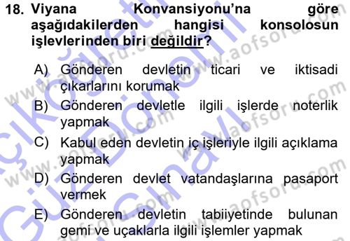 Uluslararası Hukuk 1 Dersi 2015 - 2016 Yılı (Final) Dönem Sonu Sınav Soruları 18. Soru